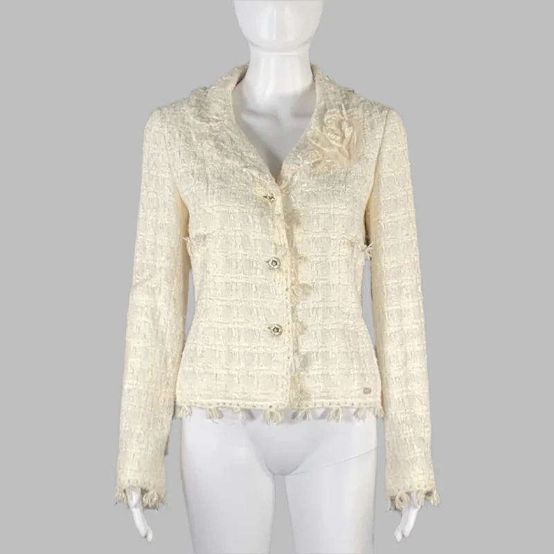 CHANEL Cream Cotton Camelia Pin Single breasted Jacket (Indoor) / Blazer