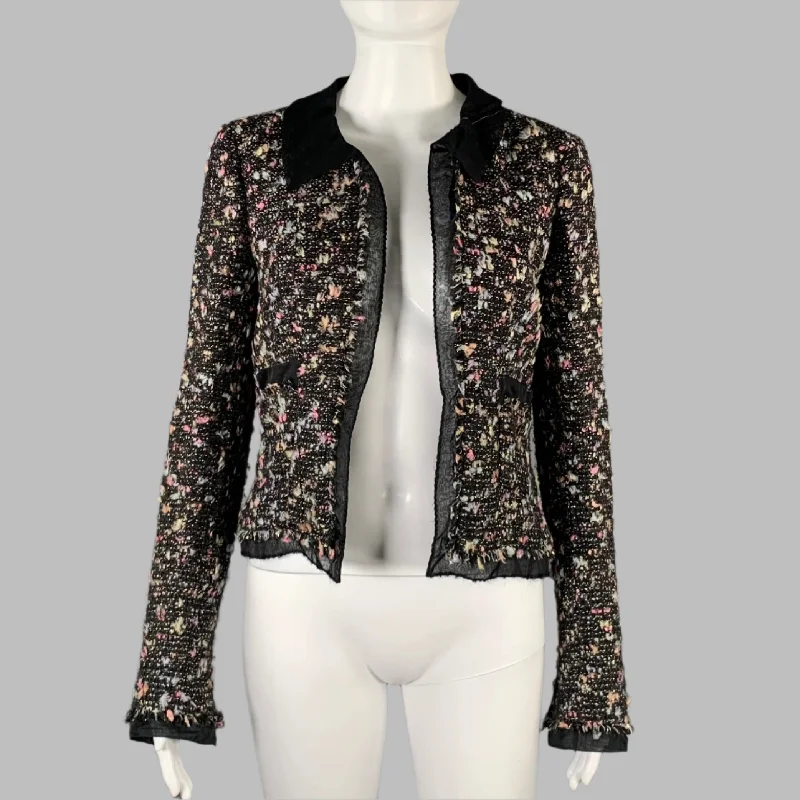 CHANEL Size 4 Black Multi-Color Wool Blend Open Front Jacket