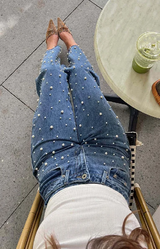 Denim Dazzle Pearl Mid Wash High Waisted Jeans Classic Blue Denim Jeans