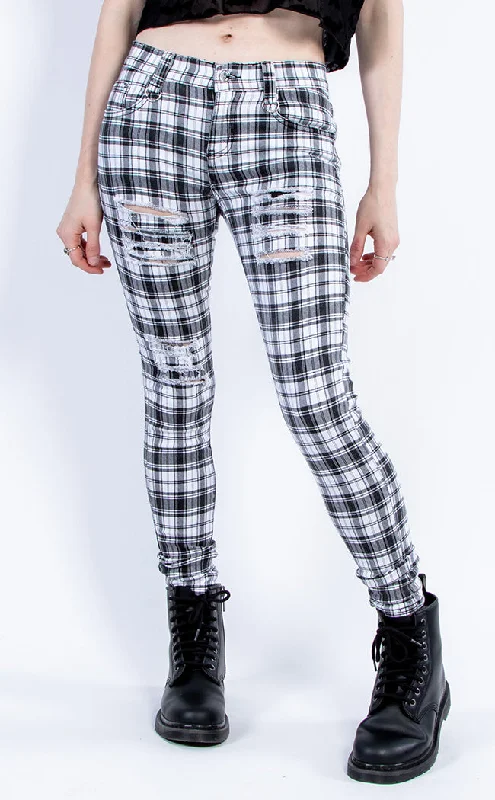 Move On Up Tartan Jeans | White Fashionable Button-Front Jeans