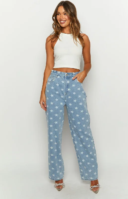 Eli Star Print Mid Wash Wide Leg Denim Jeans Casual Skinny Fit Jeans