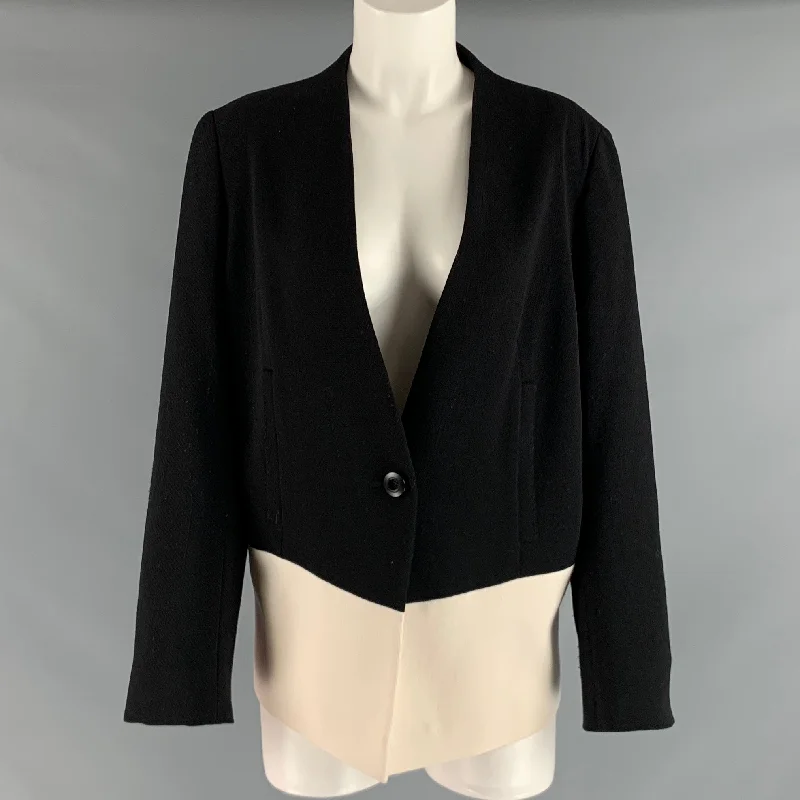 ESCADA Size 14 Black Cream Wool Eastane Color Block Jacket Blazer