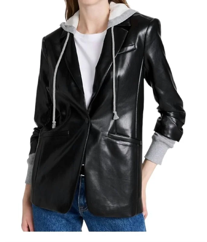 Faux Leather Hooded Khloe Jacket In Black/heather Grey