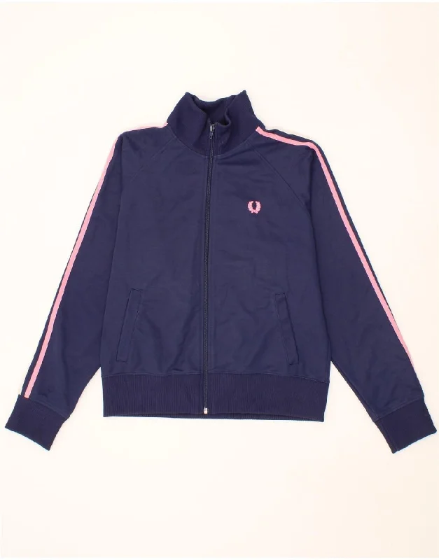 FRED PERRY Womens Tracksuit Top Jacket UK 14 Large Navy Blue Cotton