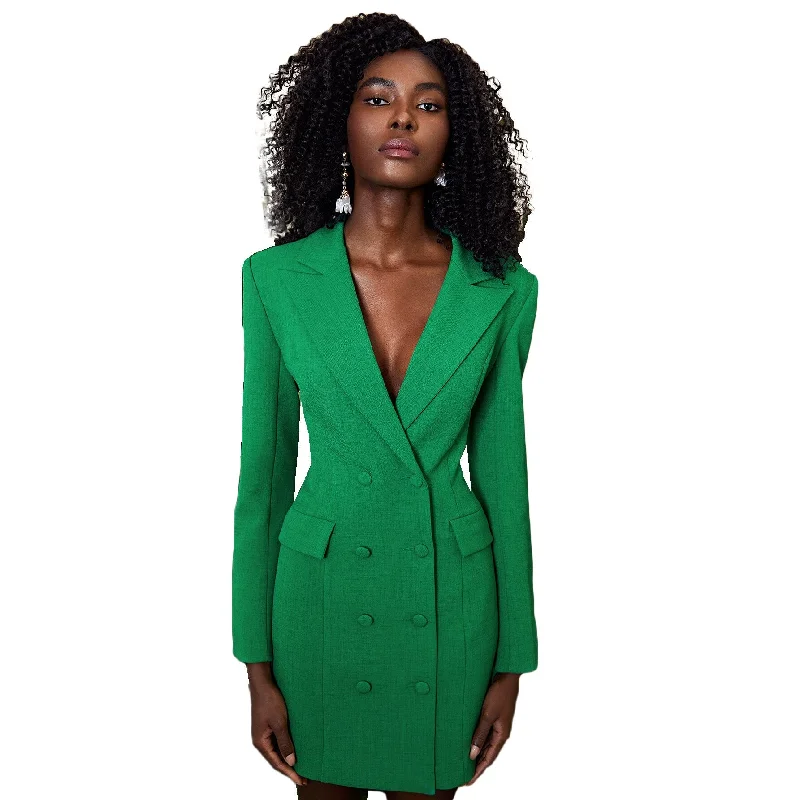 Green Double Breasted Women Slim Long Jacket Sexy Hollow Back Ladies Prom Evening Guest Formal Wear Custom Made Blazer