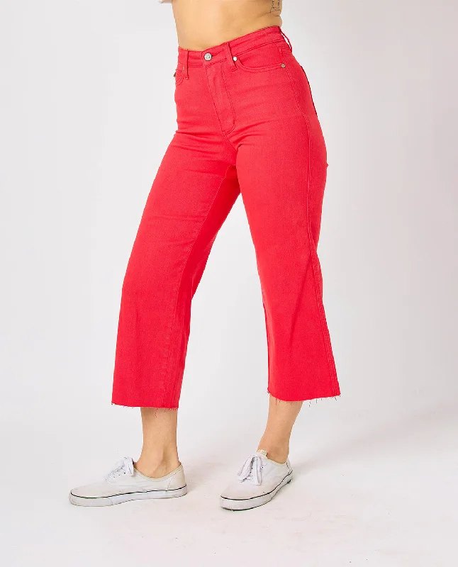 Judy Blue High Waist Garment Dyed Tummy Control Crop Wide Jeans Elegant Dark-Wash Bootcut Jeans