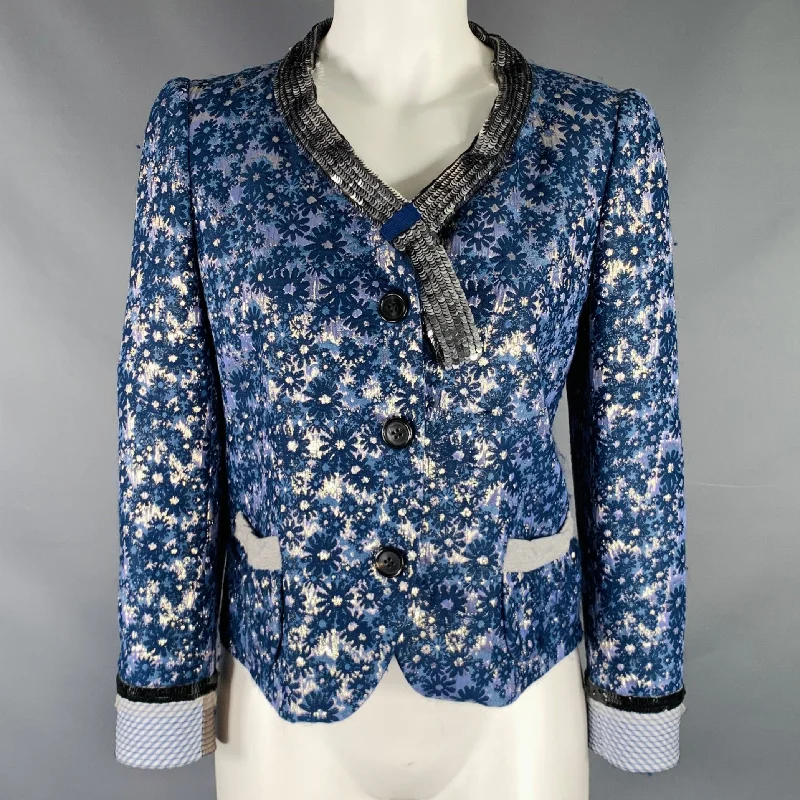 MARC JACOBS Size 6 Blue Silver Acetate Blend Floral Jacket