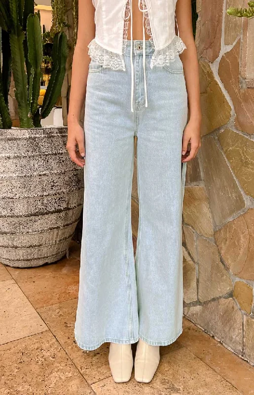 Marelle Light Denim Wide Leg Side Split Jeans Casual Skinny Fit Jeans