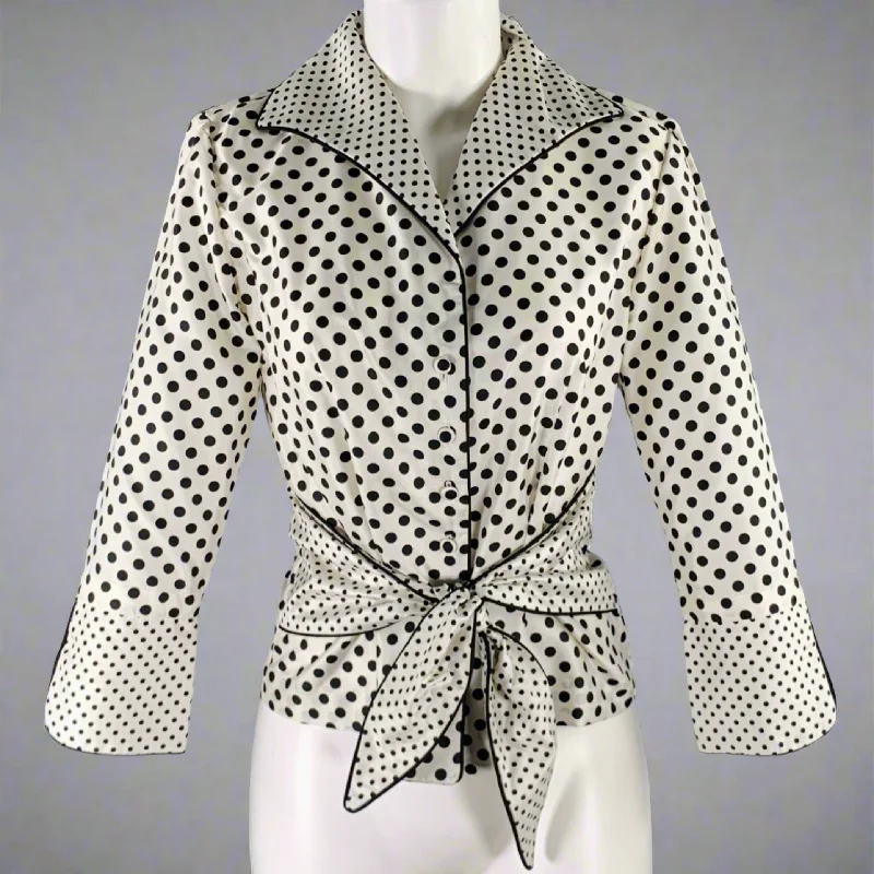 MARISA BARATELLI Size 4 White Black Silk Belted Polka Dot Jacket