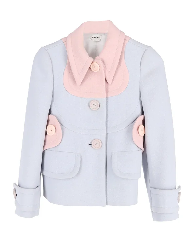 Miu Miu Two-Tone Blazer Jacket in Pastel Blue Cotton Wool