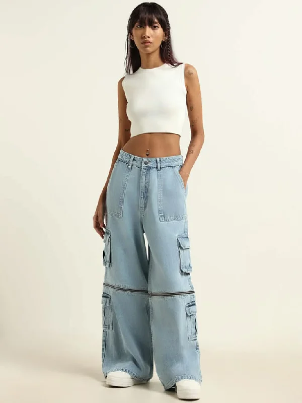 Nuon Blue Detachable Cargo Relaxed Fit High Rise Denim Jeans Comfortable Stretch Denim Jeans Nuon Blue Detachable Cargo Relaxed Fit High Rise Denim Jeans Comfortable Stretch Denim Jeans