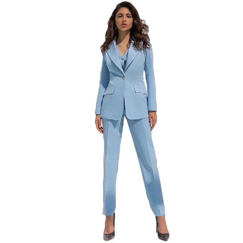 Blazer Suits Sky Blue Women Business Pants Suit Leisure Ladies Club Party Wedding Outfit (Jacket+Vest+Pants)