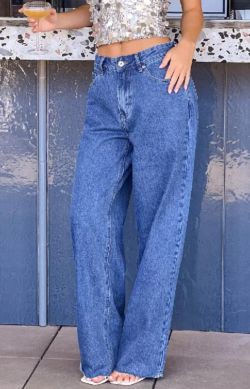 She's Yours Mid Wash Denim Wide Leg Boyfriend Jeans Trendy Button-Up High-Waist Jeans She's Yours Mid Wash Denim Wide Leg Boyfriend Jeans Trendy Button-Up High-Waist Jeans