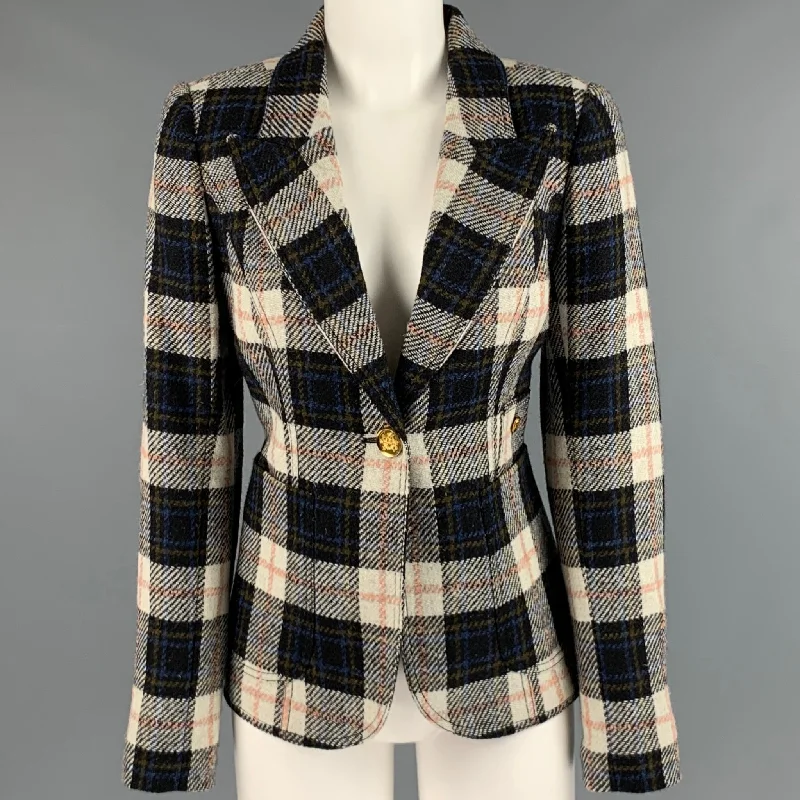 SMYTHE Size 8 Cream Black Wool Plaid Single Button Jacket