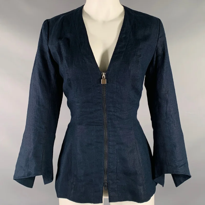 SUKSEE Size S Navy Linen Flared Sleeves Zip Up Jacket