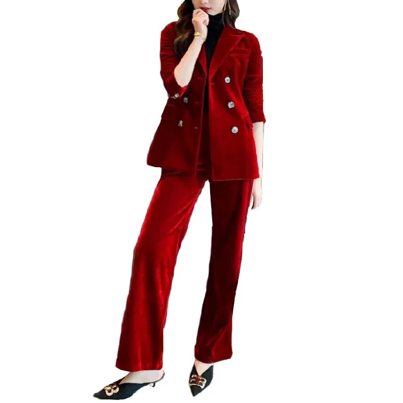 Winter Red Velvet Green Women Pants Suits 2 Pieces Slim FIt Prom Evening Party Wear Celebrity Long Jacket