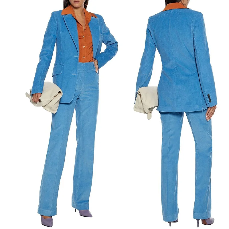 Winter Warm Corduroy Suit Set Blue Women Evening Party Tuxedos Formal Wear For Wedding (Jacket+Pants)