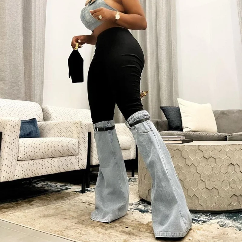 Women Fashion Creative Stitching Elastic Waist Flared Jeans Comfortable Stretch Fit Jeans Women Fashion Creative Stitching Elastic Waist Flared Jeans Comfortable Stretch Fit Jeans