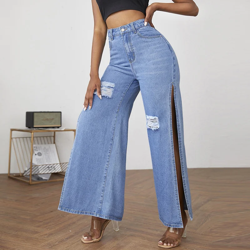 Women Fashion Elegant Casual Loose Ripped Side-Slit Wide Legs Jeans Casual Wide-Legged Denim Jeans Women Fashion Elegant Casual Loose Ripped Side-Slit Wide Legs Jeans Casual Wide-Legged Denim Jeans