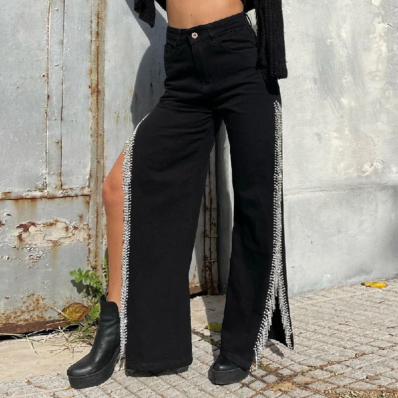 Women Fashion Sexy Side Slit Chain Wide-Leg Jeans Casual Distressed Skinny Jeans