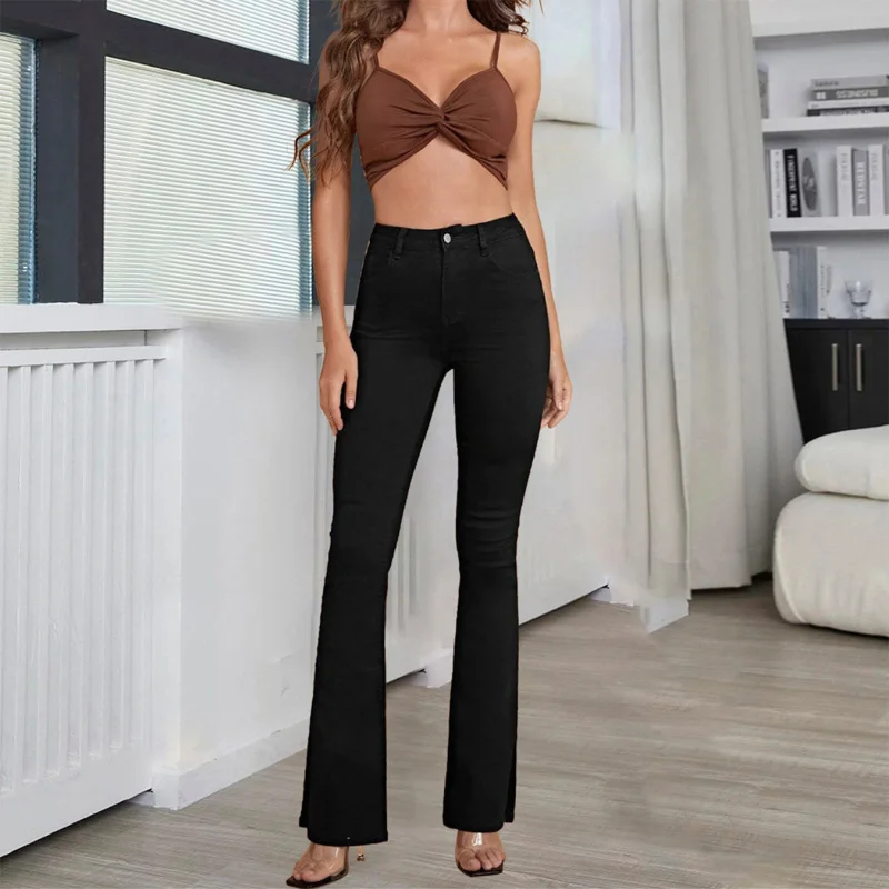 Women Fashion Slim Fit Solid Color High Elastic Flared Jeans Fashionable Cropped Denim Jeans Women Fashion Slim Fit Solid Color High Elastic Flared Jeans Fashionable Cropped Denim Jeans