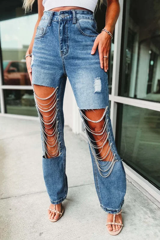Women Fashion Street Oversized Ripped Chain Charm Straight Leg Jeans Elegant Tapered Leg Denim Women Fashion Street Oversized Ripped Chain Charm Straight Leg Jeans Elegant Tapered Leg Denim