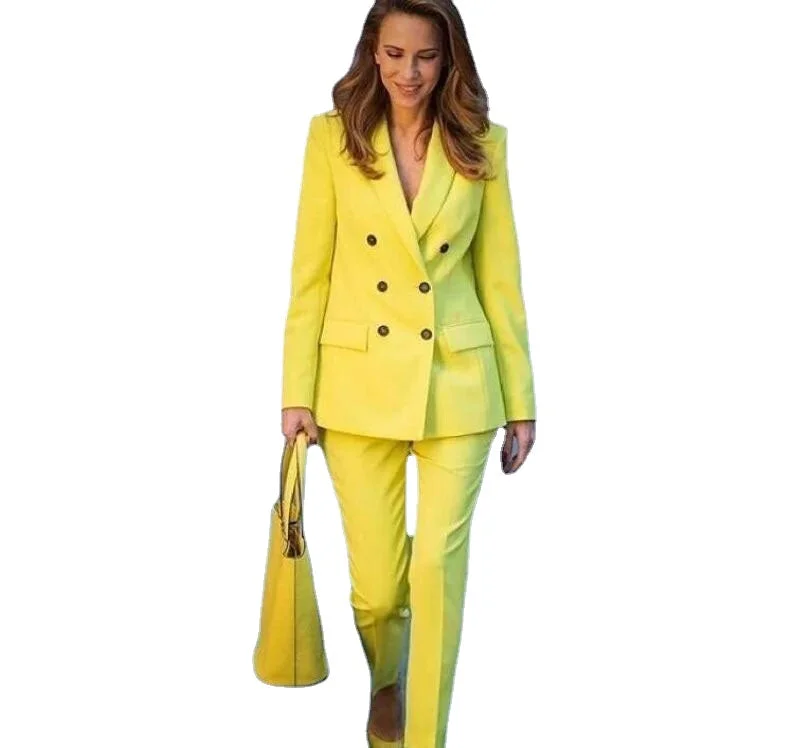 Yellow Double Breasted Women Blazer Suits Slim Fit Street Power Leisure Evening Party Jacket Outfit Wedding Wear 2 Pieces