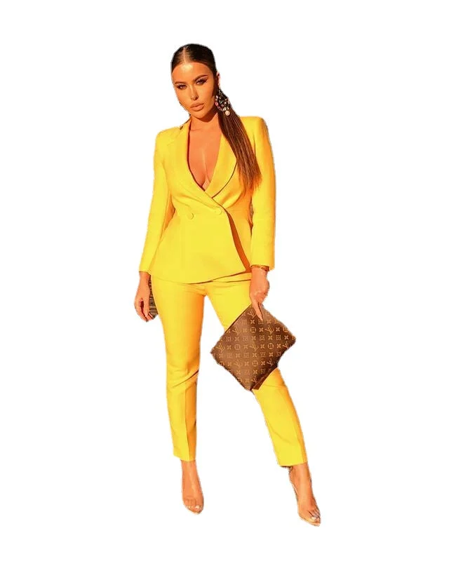 Yellow Women Ladies V Neck 2 Pieces Business Pants Suits Custom Made Mother's Dress Formal Evening Wear Tuxedos(Jacket+Pants)