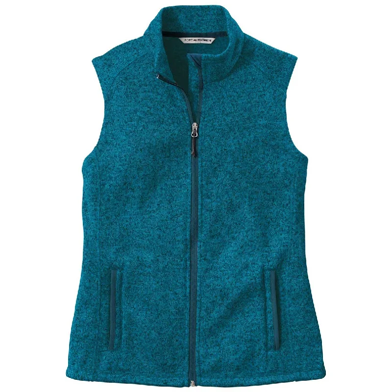 Port Authority Women's Medium Blue Heather Sweater Fleece Vest Ribbed Striped Patterned Port Authority Women's Medium Blue Heather Sweater Fleece Vest Ribbed Striped Patterned