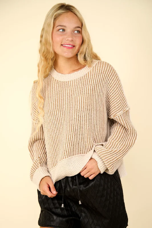 VERY J Exposed Seam Cropped Striped Slit Sweater Cotton Fabric Linen Fabric Terry Fabric VERY J Exposed Seam Cropped Striped Slit Sweater Cotton Fabric Linen Fabric Terry Fabric