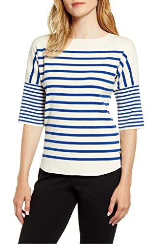 Anne Klein Striped Boat-Neck Sweater (Anne White/Cezanne Blue, XXS) Silk Blend Satin Velvet Anne Klein Striped Boat-Neck Sweater (Anne White/Cezanne Blue, XXS) Silk Blend Satin Velvet