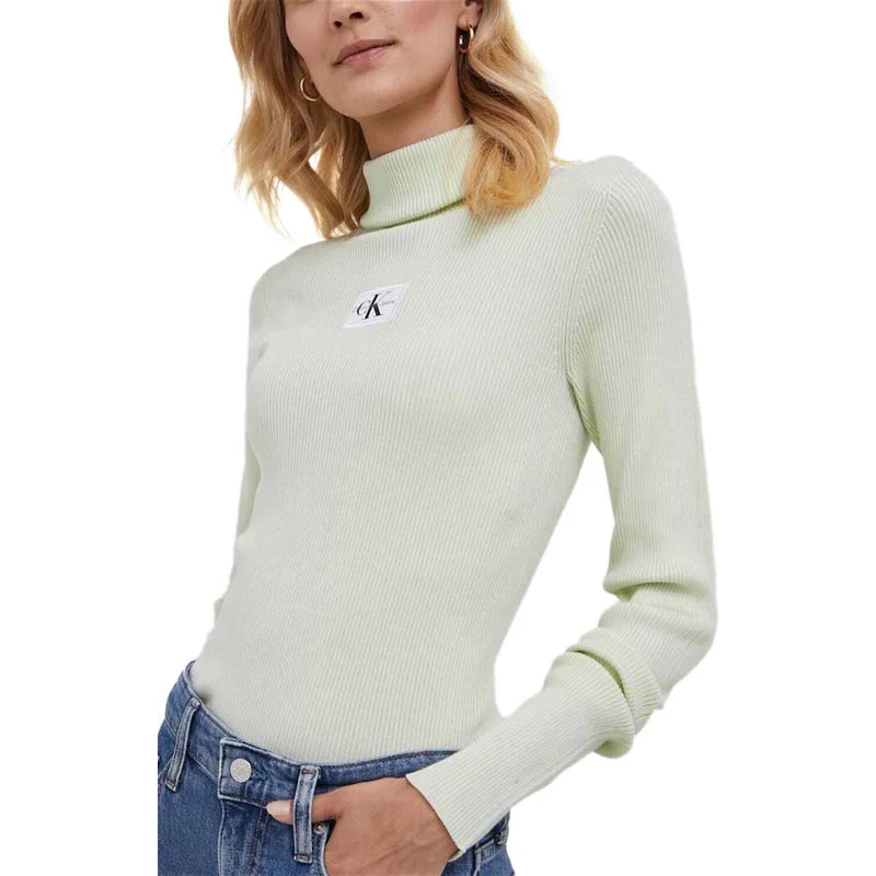 Calvin Klein J221688 Badge Roll Neck Sweater Light Green Handmade Hand-knitted Hand-woven Calvin Klein J221688 Badge Roll Neck Sweater Light Green Handmade Hand-knitted Hand-woven