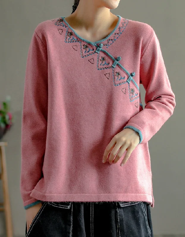 Chinese Style Neck Embroidery Knit Sweater Shirt Cotton Fabric Linen Fabric Terry Fabric Chinese Style Neck Embroidery Knit Sweater Shirt Cotton Fabric Linen Fabric Terry Fabric