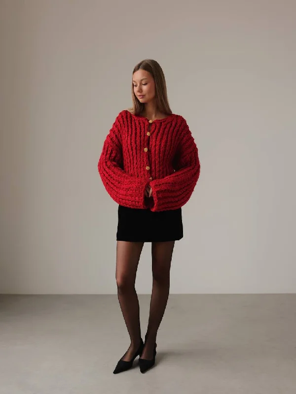 Chunky Red Knit Sweater with Gold Button Details Satin Fabric Silk Fabric Chiffon Fabric Chunky Red Knit Sweater with Gold Button Details Satin Fabric Silk Fabric Chiffon Fabric
