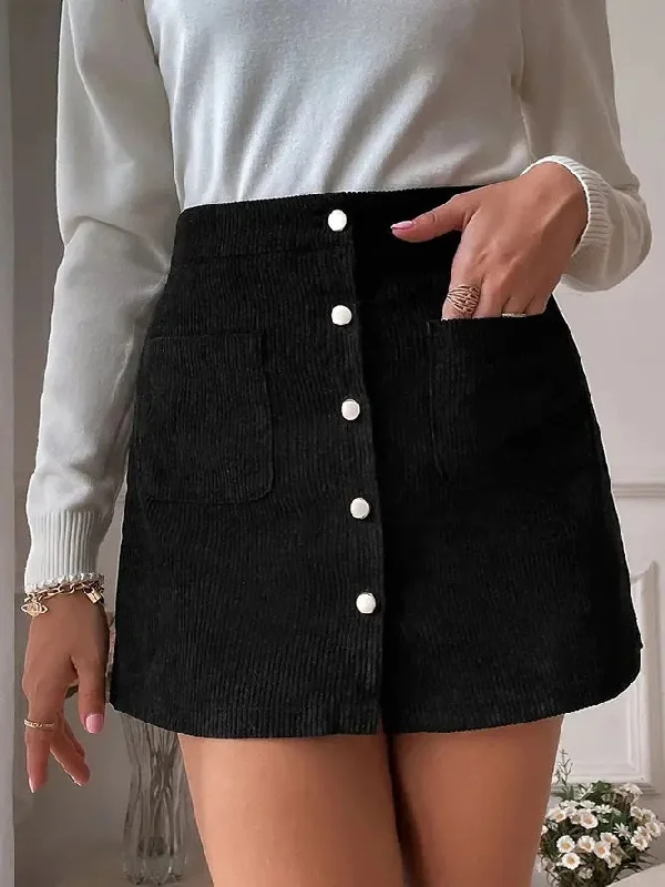 Black Corduroy Button Pockets Skirt