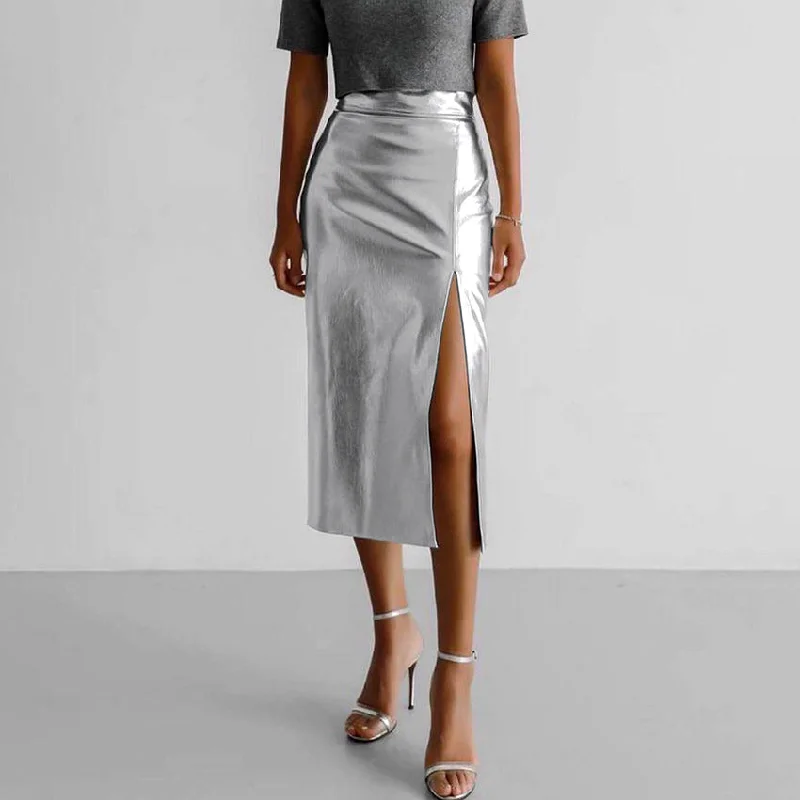 Designed Pu High Waist Sexy Silver Skirts