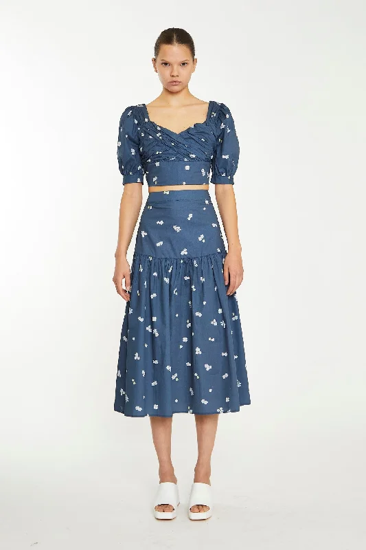 Navy Scattered Flower Midi Skirt