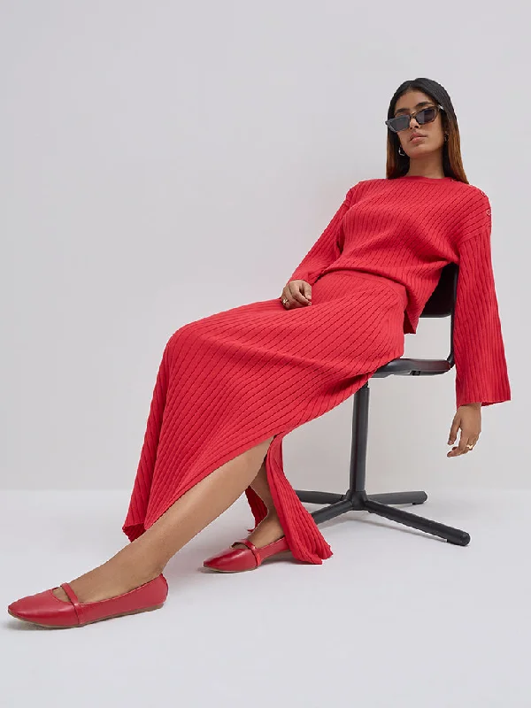 LOV Red Ribbed Textured High-Rise Skirt