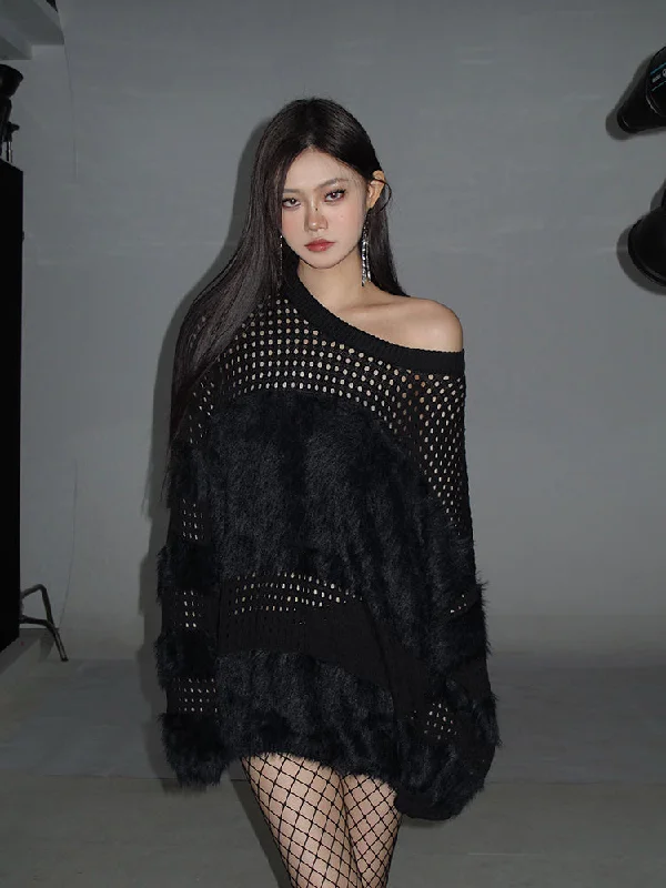 Nelly Solid Color Furry Crewneck Openwork Knitted Long Sleeve Fall Sweater Elegant Classic Vintage Nelly Solid Color Furry Crewneck Openwork Knitted Long Sleeve Fall Sweater Elegant Classic Vintage