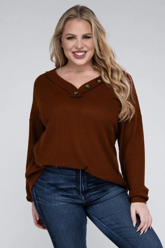 Plus Brushed Waffle V-Neck Button Detail Sweater Solid Color Striped Floral Print