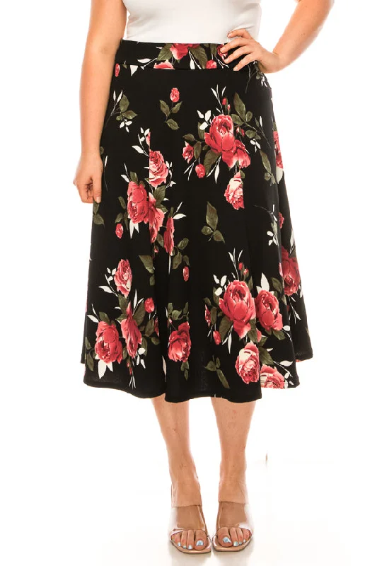 Plus size, Floral print, A-line midi skirt