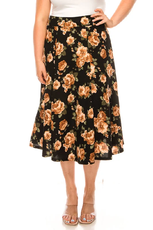 Plus size, Floral print, A-line midi skirt