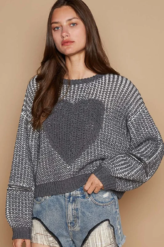 POL Round Neck Heart Patch Zipper Point Sleeve Sweater Satin Fabric Silk Fabric Chiffon Fabric POL Round Neck Heart Patch Zipper Point Sleeve Sweater Satin Fabric Silk Fabric Chiffon Fabric