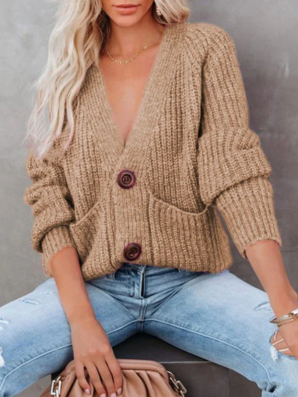 Solid V-Neck Single Breasted Long Sleeved Sweater Front Pockets Side Pockets Patch Pockets Solid V-Neck Single Breasted Long Sleeved Sweater Front Pockets Side Pockets Patch Pockets