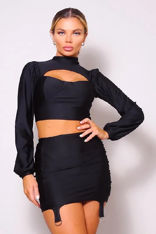 Turtleneck Blouse & Side Ruched Mini Skirt Set