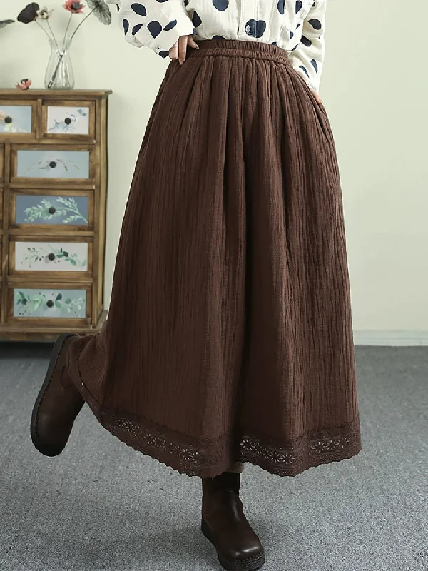 Women Autumn Vintage A-Shape Lace Spliced Skirt