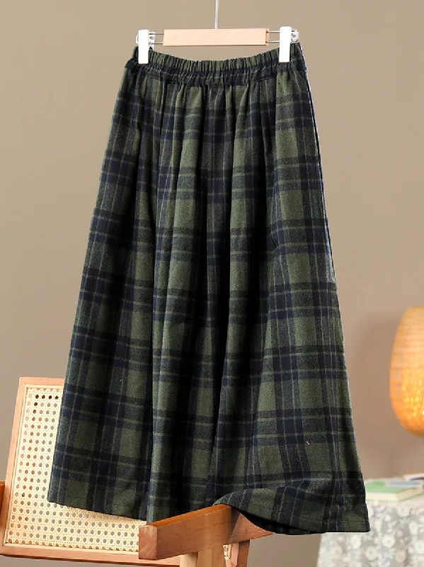 Women Autumn Vintage Plaid Wool A-Shape Skirt