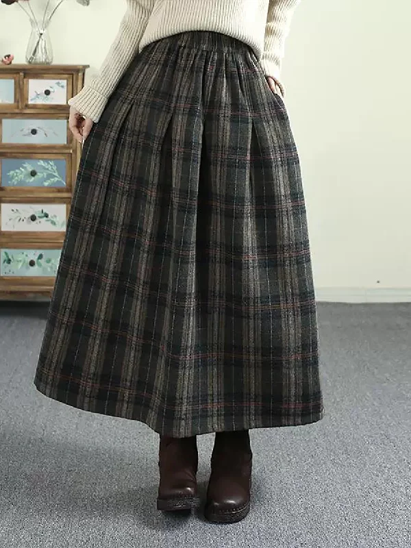 Women Autumn Vintage Plaid Wool A-Shape Skirt