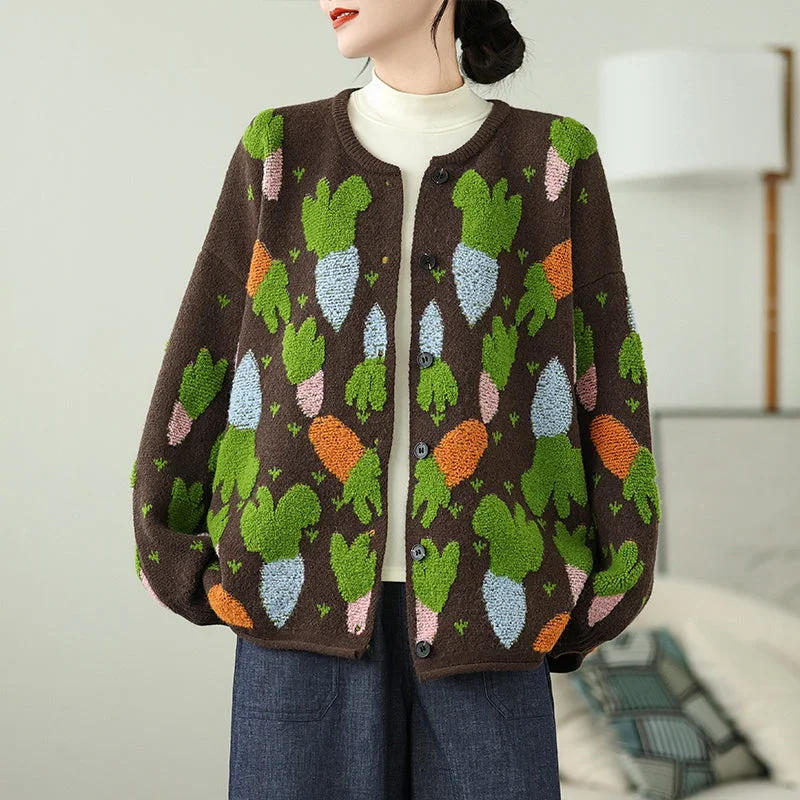 Babakud Women Autumn Carrot Jacquard Knitted Buttoned Sweater