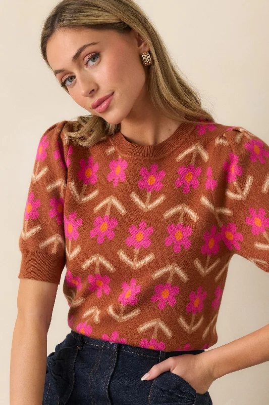 Blooming Breezes Cinnamon Floral Short Sleeve Sweater